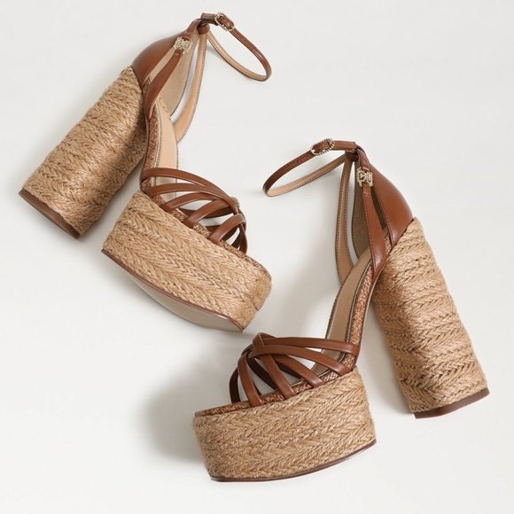 Sam Edelman Kade Cognac Leather Platform Sandals | 5.5" Heel Woven Detail - Picture 4 of 5